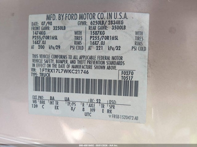 45016492 :رقم المزاد ، 1FTRX17L7WKC21746 vin ، 1998 Ford F-150 Lariat/xl/xlt مزاد بيع