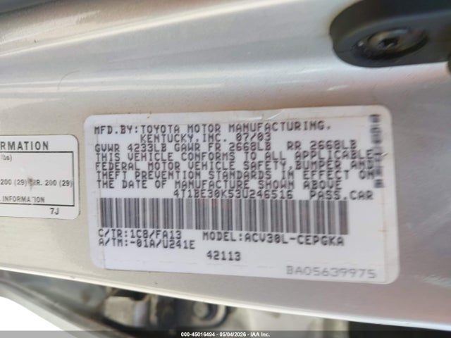 Продажа на аукционе авто 2003 Toyota Camry Xle, vin: 4T1BE30K53U246516, номер лота: 45016494