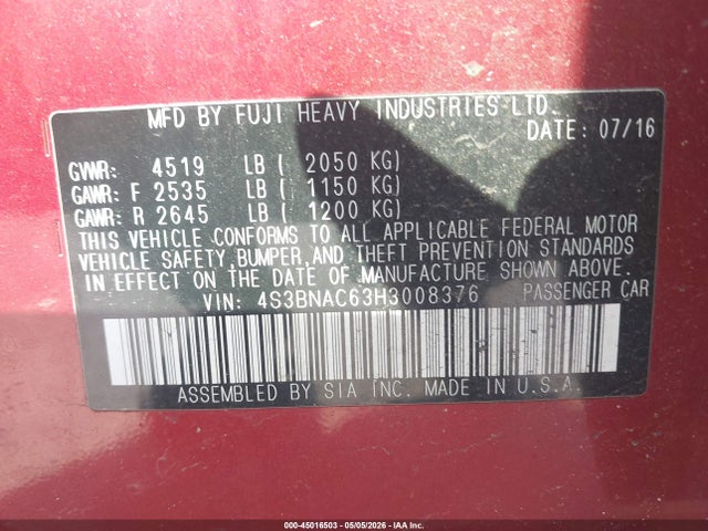 Subaru Legacy 2.5i Premium 2017 4S3BNAC63H3008376 Image 9