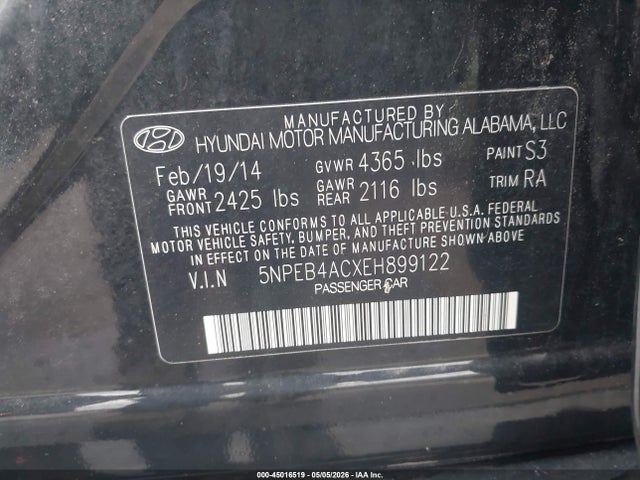 Aukcja sprzedaży 2014 Hyundai Sonata Gls, vin: 5NPEB4ACXEH899122, numer aukcji: 45016519