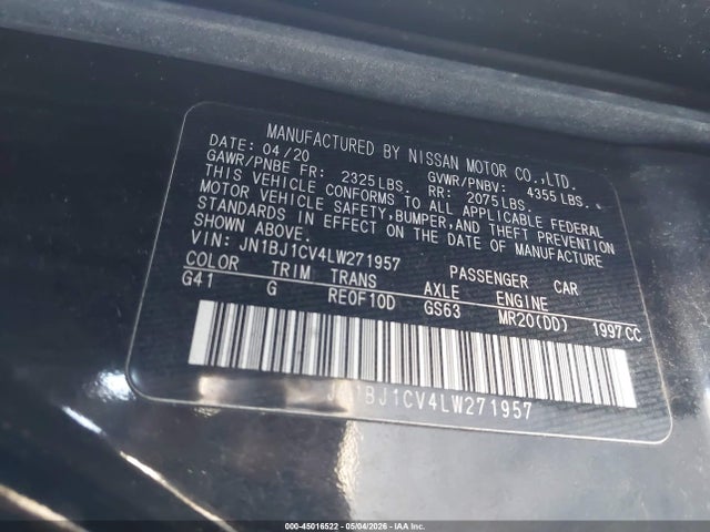 Aukcja sprzedaży 2020 Nissan Rogue Sport S Fwd Xtronic Cvt, vin: JN1BJ1CV4LW271957, numer aukcji: 45016522