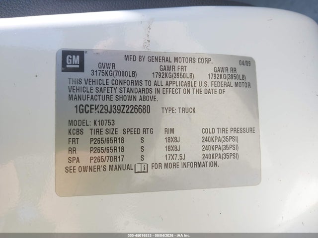 Aukcja sprzedaży 2009 Chevrolet Silverado 1500 Lt, vin: 1GCEK29J39Z226680, numer aukcji: 45016533