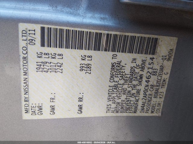 2012 Nissan Altima 2.5 S მანქანა იყიდება აუქციონზე, vin: 1N4AL2AP0CN462154, აუქციონის ნომერი: 45016552