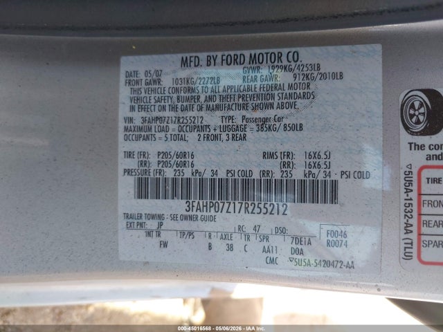 Aukcja sprzedaży 2007 Ford Fusion Se, vin: 3FAHP07Z17R255212, numer aukcji: 45016568