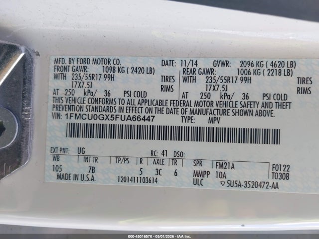 Продажа на аукционе авто 2015 Ford Escape Se, vin: 1FMCU0GX5FUA66447, номер лота: 45016570