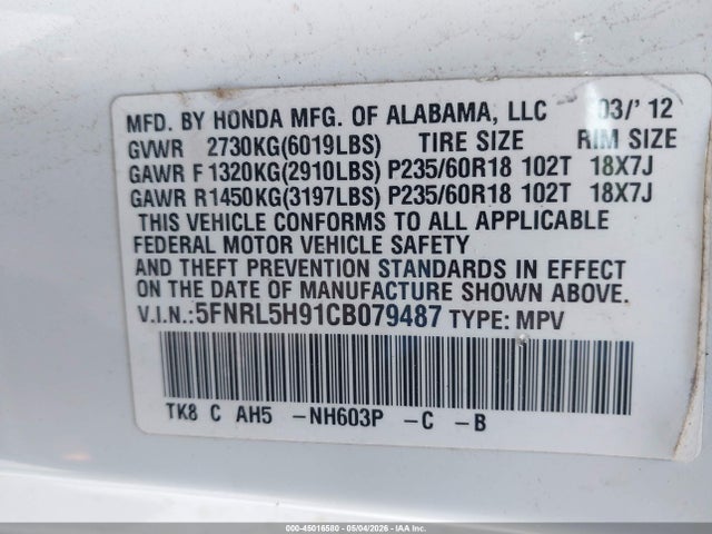 Продажа на аукционе авто 2012 Honda Odyssey Touring/touring Elite, vin: 5FNRL5H91CB079487, номер лота: 45016580