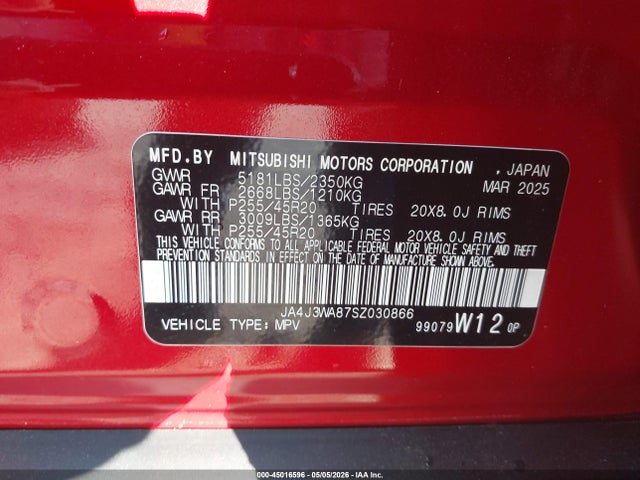 Aukcja sprzedaży 2025 Mitsubishi Outlander Sel 2.5 2wd, vin: JA4J3WA87SZ030866, numer aukcji: 45016596