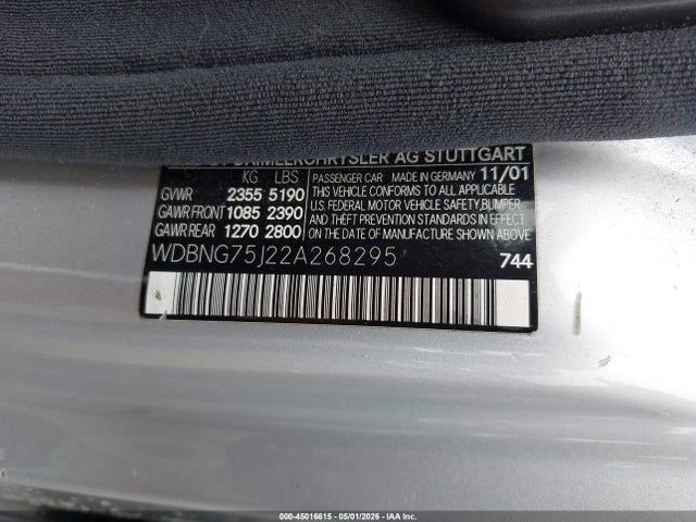 Aukcja sprzedaży 2002 Mercedes-benz S 500, vin: WDBNG75J22A268295, numer aukcji: 45016615