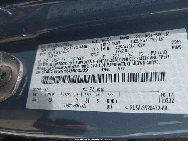 Продаж на аукціоні авто 2025 Ford Escape Active, vin: 1FMCU9GN1SUB02339, номер лоту: 45016620