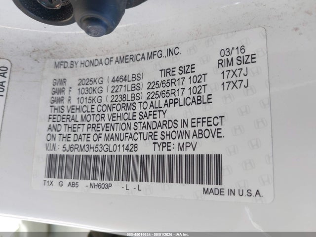 5J6RM3H53GL011428 Honda CR-V EX
