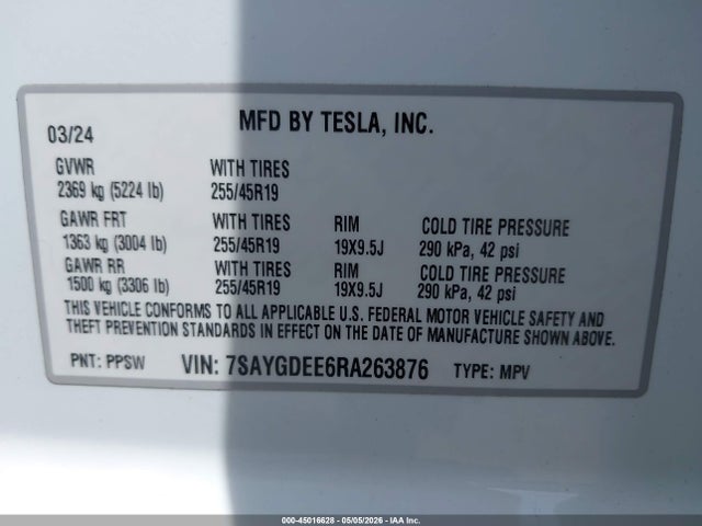 Aukcja sprzedaży 2024 Tesla Model Y Long Range Dual Motor All-wheel Drive, vin: 7SAYGDEE6RA263876, numer aukcji: 45016628