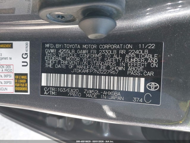 Продажа на аукционе авто 2022 Toyota Prius Prime Xle, vin: JTDKAMFP7N3227967, номер лота: 45016629