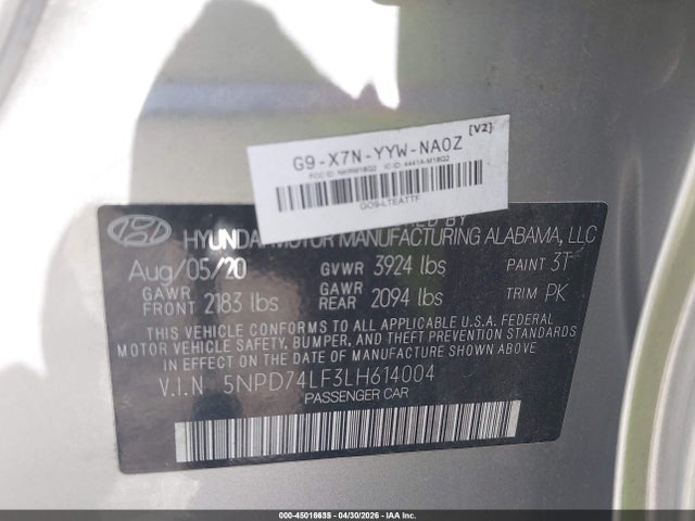 Продажа на аукционе авто 2020 Hyundai Elantra Se, vin: 5NPD74LF3LH614004, номер лота: 45016635