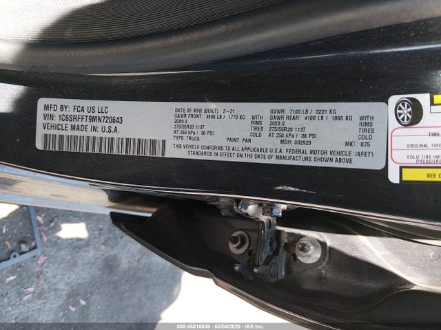 Продаж на аукціоні авто 2021 Ram 1500 Big Horn  4x4 5'7 Box, vin: 1C6SRFFT9MN720643, номер лоту: 45016639
