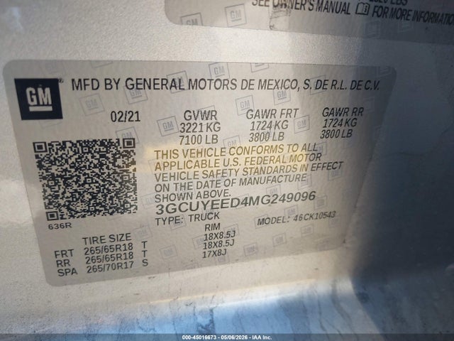 Продаж на аукціоні авто 2021 Chevrolet Silverado 1500 4wd  Short Bed Rst, vin: 3GCUYEED4MG249096, номер лоту: 45016673