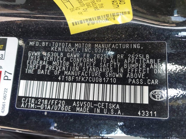 2012 Toyota Camry Se მანქანა იყიდება აუქციონზე, vin: 4T1BF1FK7CU081710, აუქციონის ნომერი: 45016693