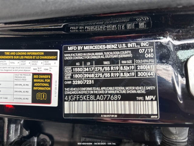 45016694 :رقم المزاد ، 4JGFF5KE8LA077689 vin ، 2020 Mercedes-benz Gls 450 4matic مزاد بيع