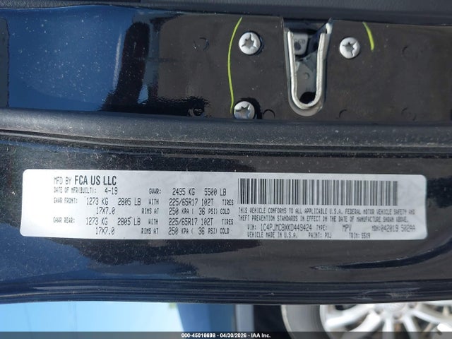 2019 Jeep Cherokee Latitude 4x4 მანქანა იყიდება აუქციონზე, vin: 1C4PJMCBXKD449424, აუქციონის ნომერი: 45016698