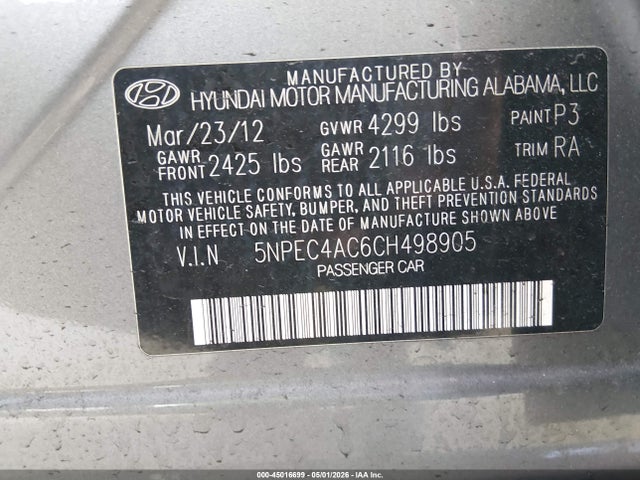 45016699 :رقم المزاد ، 5NPEC4AC6CH498905 vin ، 2012 Hyundai Sonata Limited مزاد بيع
