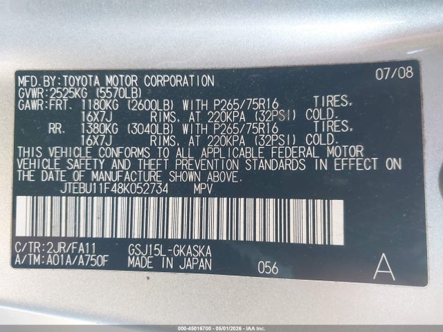 45016700 :رقم المزاد ، JTEBU11F48K052734 vin ، 2008 Toyota Fj Cruiser مزاد بيع