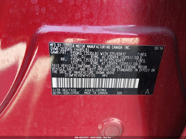 Aukcja sprzedaży 2015 Toyota Rav4 Xle, vin: 2T3WFREV0FW145125, numer aukcji: 45016701