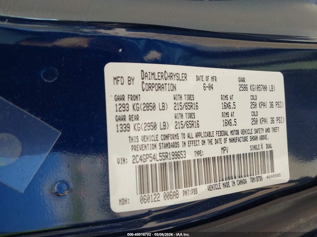 Продажа на аукционе авто 2005 Chrysler Town & Country Touring, vin: 2C4GP54L55R199653, номер лота: 45016702