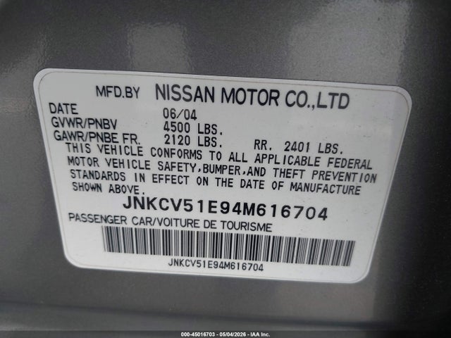 Aukcja sprzedaży 2004 Infiniti G35, vin: JNKCV51E94M616704, numer aukcji: 45016703