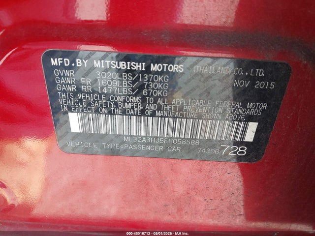 Продаж на аукціоні авто 2015 Mitsubishi Mirage De, vin: ML32A3HJ5FH058588, номер лоту: 45016712