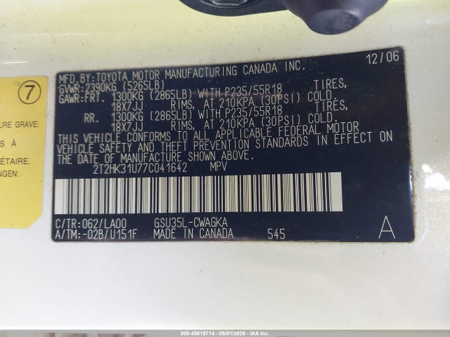 2007 Lexus Rx 350 მანქანა იყიდება აუქციონზე, vin: 2T2HK31U77C041642, აუქციონის ნომერი: 45016714