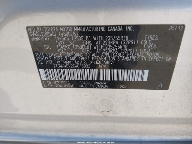 Продаж на аукціоні авто 2012 Toyota Rav4 Sport V6, vin: 2T3WK4DV2CW015892, номер лоту: 45016725