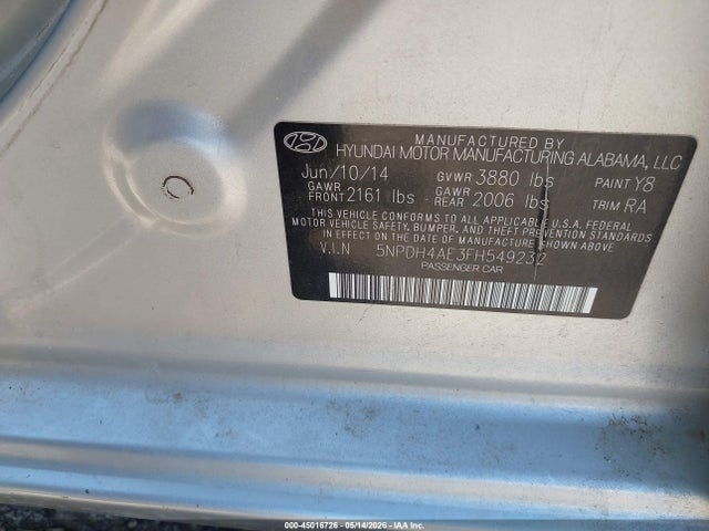 Aukcja sprzedaży 2015 Hyundai Elantra Se, vin: 5NPDH4AE3FH549232, numer aukcji: 45016726