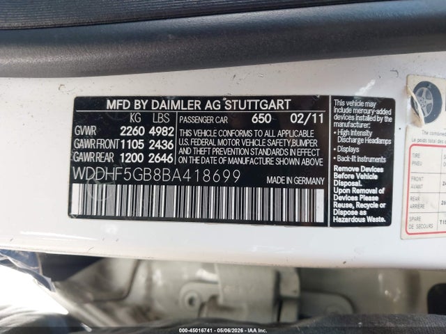 Продажа на аукционе авто 2011 Mercedes-benz E 350, vin: WDDHF5GB8BA418699, номер лота: 45016741