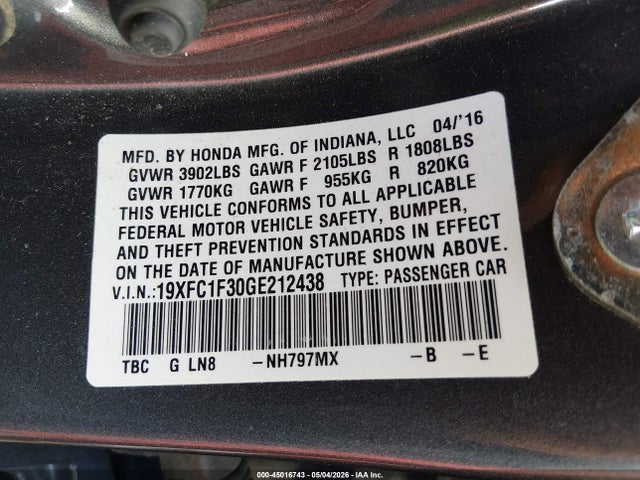 Aukcja sprzedaży 2016 Honda Civic Ex-t, vin: 19XFC1F30GE212438, numer aukcji: 45016743