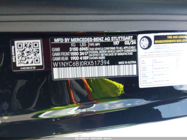 45016747 :رقم المزاد ، W1NYC6BJ0RX517394 vin ، 2024 Mercedes-benz G 550 4matic مزاد بيع