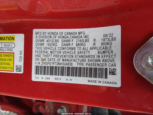 2022 Honda Civic Ex მანქანა იყიდება აუქციონზე, vin: 2HGFE1F72NH324836, აუქციონის ნომერი: 45016748