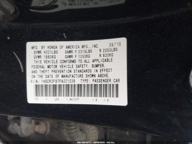 Aukcja sprzedaży 2015 Honda Accord Ex-l, vin: 1HGCR2F87FA201538, numer aukcji: 45016771