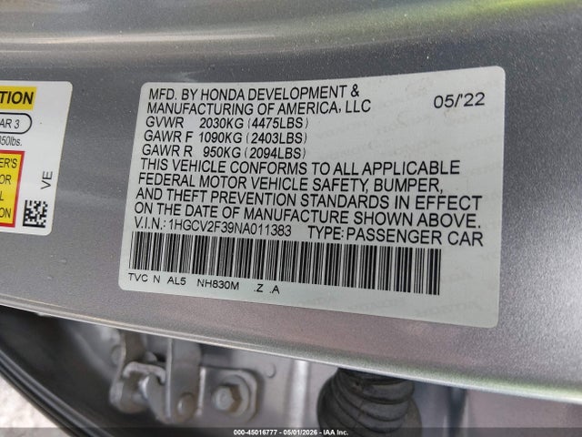 Продаж на аукціоні авто 2022 Honda Accord Sport 2.0t, vin: 1HGCV2F39NA011383, номер лоту: 45016777