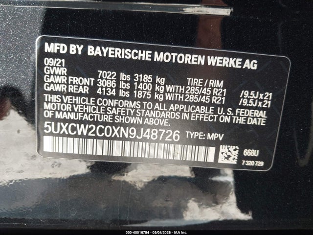Продаж на аукціоні авто 2022 Bmw X7 Xdrive40i, vin: 5UXCW2C0XN9J48726, номер лоту: 45016784
