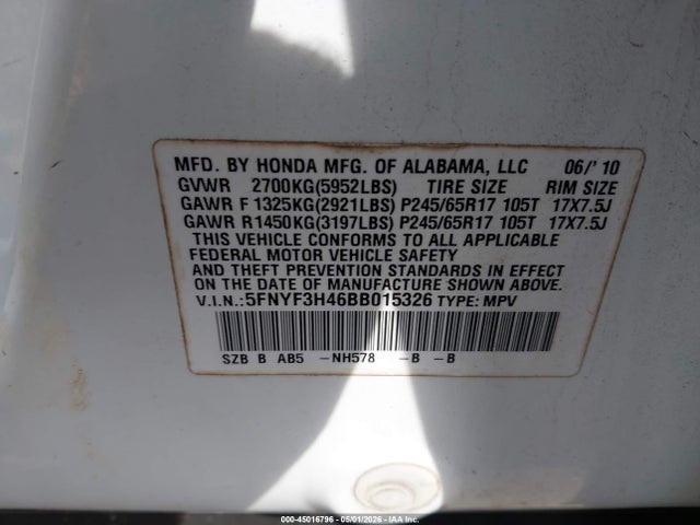 45016796 :رقم المزاد ، 5FNYF3H46BB015326 vin ، 2011 Honda Pilot Ex مزاد بيع