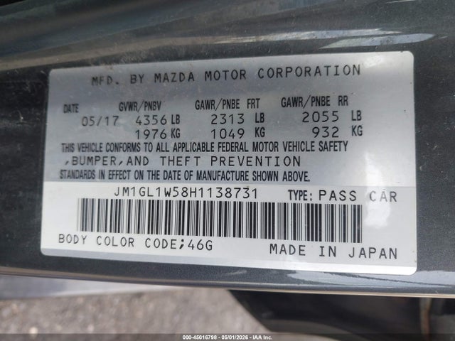 45016798 :رقم المزاد ، JM1GL1W58H1138731 vin ، 2017 Mazda Mazda6 Grand Touring مزاد بيع