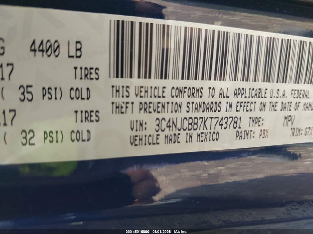 45016800 :رقم المزاد ، 3C4NJCBB7KT743781 vin ، 2019 Jeep Compass Latitude Fwd مزاد بيع