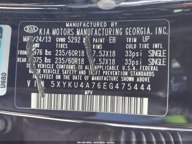 45016806 :رقم المزاد ، 5XYKU4A76EG475444 vin ، 2014 Kia Sorento Ex V6 مزاد بيع