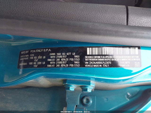 2020 Jeep Renegade Altitude Fwd მანქანა იყიდება აუქციონზე, vin: ZACNJABB8LPL23070, აუქციონის ნომერი: 45016811