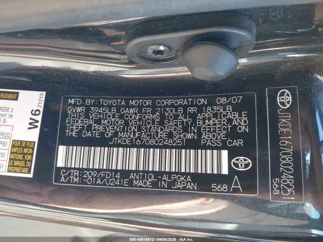 Aukcja sprzedaży 2008 Scion Tc, vin: JTKDE167080248251, numer aukcji: 45016812