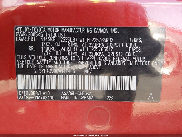 Продаж на аукціоні авто 2012 Toyota Rav4 Limited, vin: 2T3YF4DV9CW147416, номер лоту: 45016820