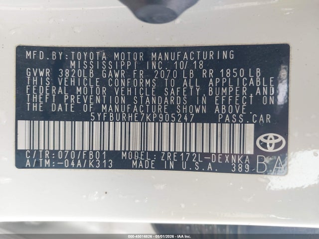 Продаж на аукціоні авто 2019 Toyota Corolla Le, vin: 5YFBURHE7KP905247, номер лоту: 45016826