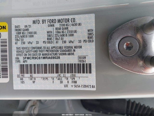 Aukcja sprzedaży 2021 Ford Bronco Sport Outer Banks, vin: 3FMCR9C61MRA69028, numer aukcji: 45016841