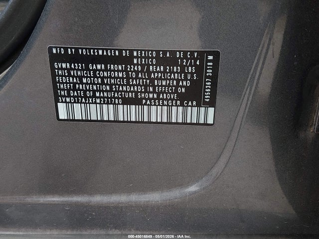 2015 Volkswagen Jetta 1.8t Se მანქანა იყიდება აუქციონზე, vin: 3VWD17AJXFM271780, აუქციონის ნომერი: 45016849