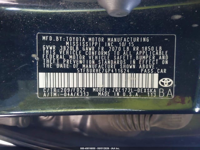 2016 Toyota Corolla S Plus მანქანა იყიდება აუქციონზე, vin: 5YFBURHE7GP411624, აუქციონის ნომერი: 45016855