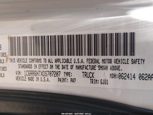 45016861 :رقم المزاد ، 1C6RR6NTXDS707207 vin ، 2013 Ram 1500 Laramie مزاد بيع